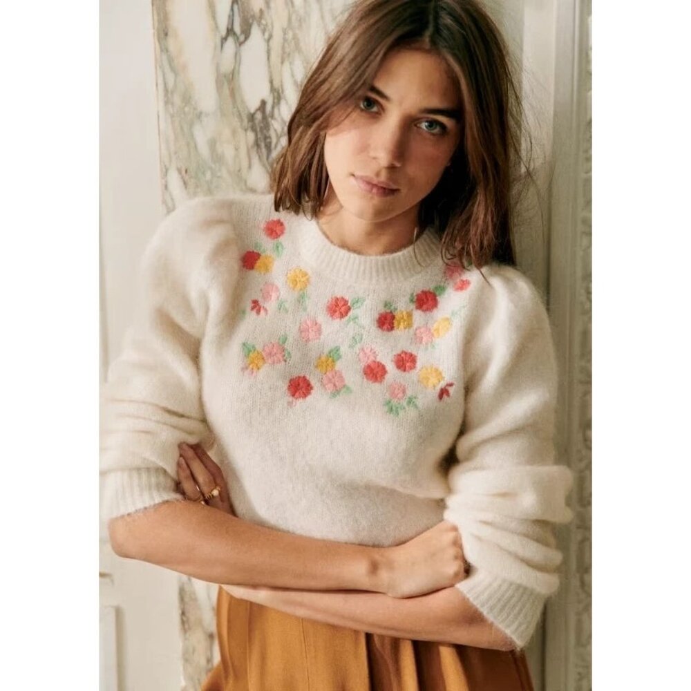 NWT La Maille Sezane Ombline Jumper in Ecru Floral Embroidered Sweater XXL 3XL
